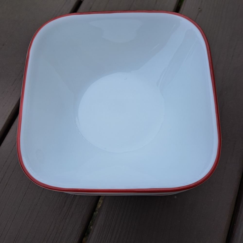 CORELLE SQUARE SOUP CEREAL BOWLS RED FERN RIM 6 3/8 " SET OF 8